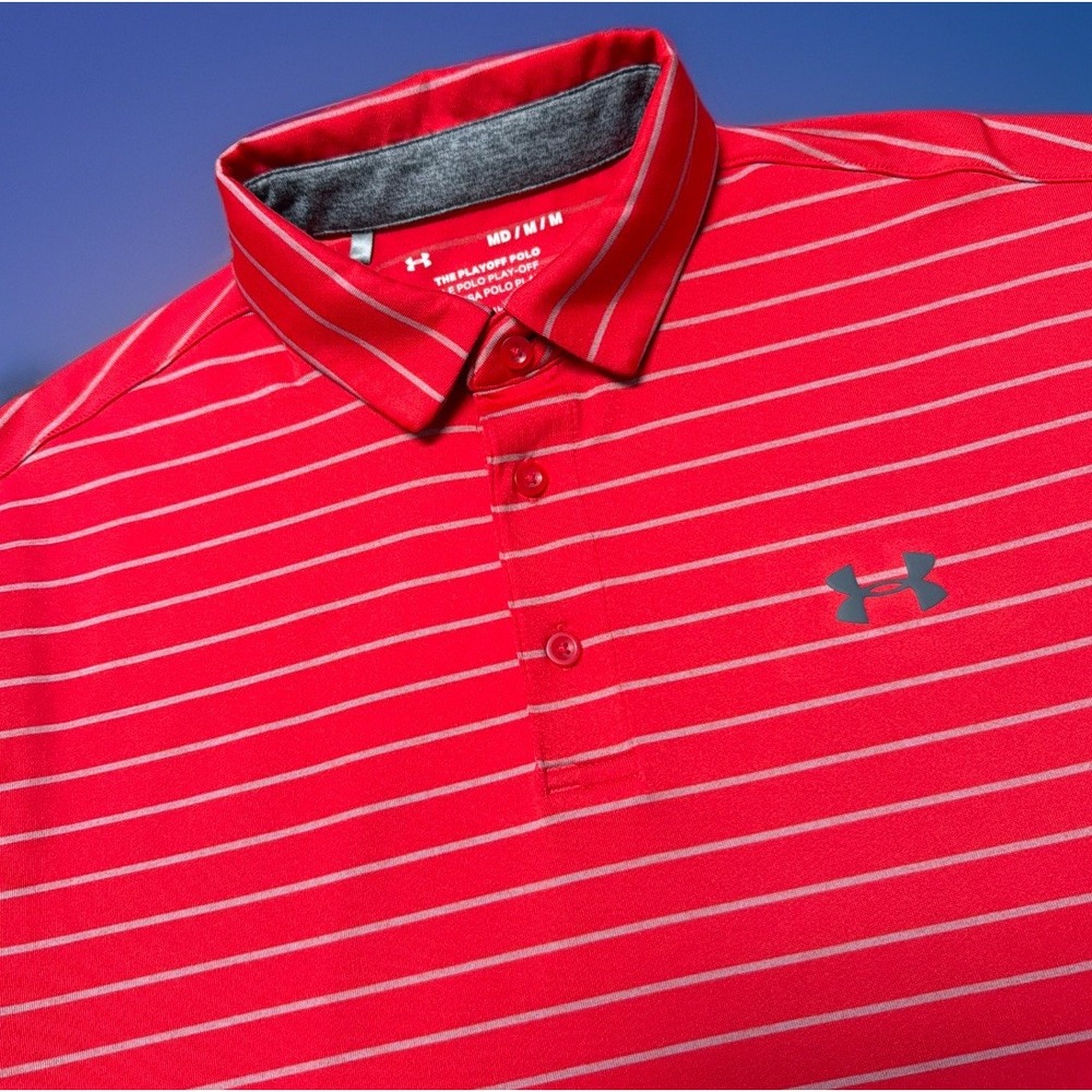 Under Armour Mens Playoff Polo‎ Shirt Medium Red Striped Golf Athletic